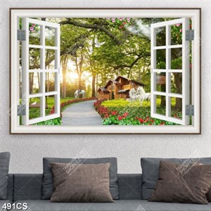 Tranh dán tường cửa sổ nhìn ra ngôi nhà gỗ và hoa