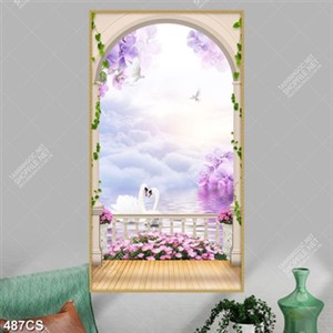 Tranh 3D ban công bên hồ nước và thiên nga in uv