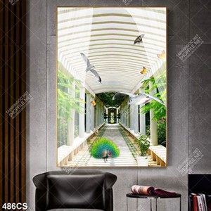 Tranh dán tường hành lang trắng và chim công