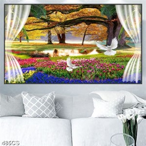 Tranh khung cửa sổ bên vườn hoa và cây lá vàng chất lượng cao