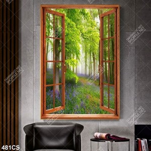 Tranh cửa sổ và khu rừng phủ sương mờ in uv đẹp