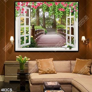 Tranh 3D cửa sổ và hoa bên cây cầu gỗ chất lượng cao