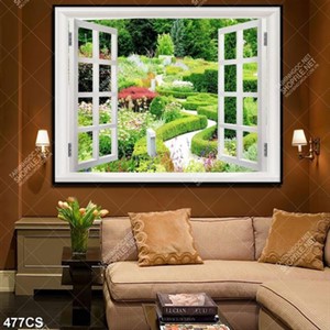 Tranh cửa sổ con đường nhỏ giữ vườn hoa bên khung cửa sổ