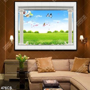 Tranh ban công bên cánh đồng cỏ xanh file psd