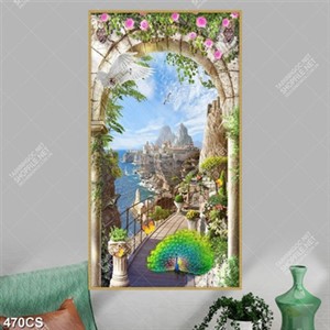 Tranh dán tường ban công hướng ra những ngôi nhà trên đảo đẹp nghệ thuật