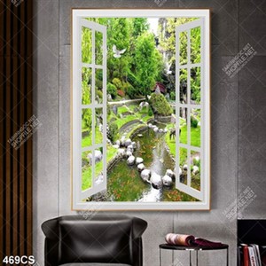Tranh cửa sổ bên hồ nước và những chú ngựa chất lượng cao