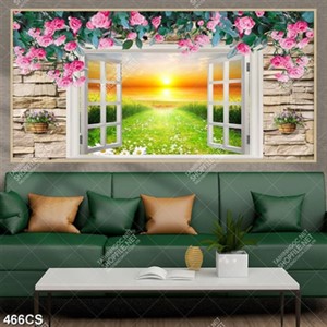 Tranh 3D dán tường hoa và ô cửa khổ ngang in uv