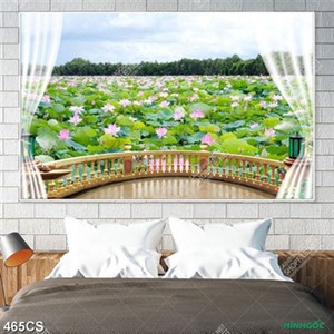 Tranh ban công bên hồ sen trang trí phòng khách