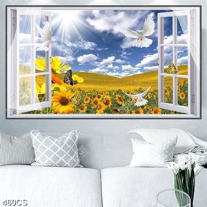 Tranh cửa sổ bên vườn hoa hướng dương chất lượng cao