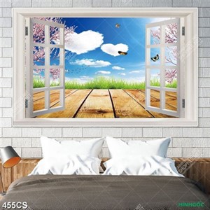 Tranh cửa sổ và bầu trời xanh decor phòng khách