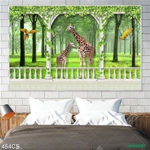 Tranh dán tường ban công bên những chú hươu cao cổ file gốc