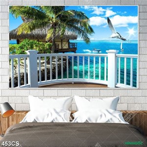 Tranh ban công bên bờ biển decor tường