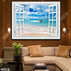 Tranh trang trí tường cửa sổ hướng ra biển xanh in kính
