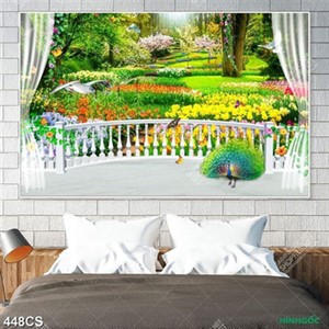 Tranh ban công bên vườn hoa nở rộ trang trí phòng khách