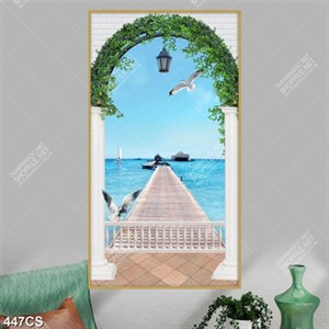 Tranh khung cửa và cây cầu dẫn ra biển decor tường đẹp nhât