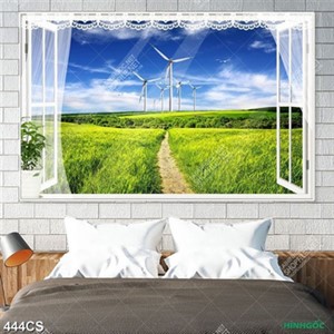 Tranh cửa sổ hướng ra cối xoay gió và cánh đồng cỏ xanh