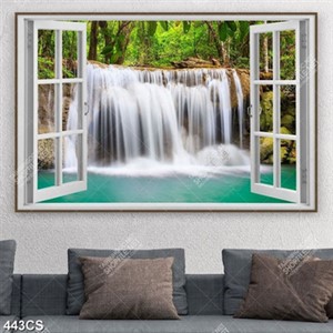 Tranh thác nước hùng vĩ bên cửa sổ trang trí phòng khách