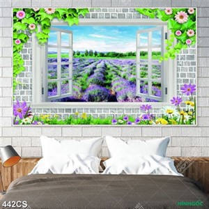 Tranh 3D cửa sổ và hoa oải hương tím dán tường