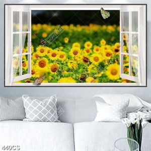 Tranh vườn hoa cúc vàng nở rộ bên ô cửa sổ chất lượng cao