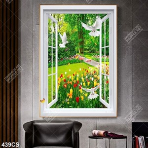 Tranh cửa sổ bên vườn hoa đầy màu sắc file psd