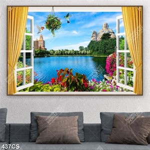 Tranh cửa sổ hướng ra tượng Phật bên dòng sông trang trí nội thất