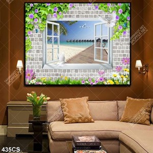 Tranh trang trí nội thất khung cửa hướng ra biển in kính
