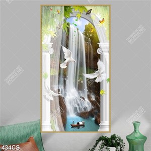 Tranh thác nước nghệ thuật bên khung cửa và chim câu in uv