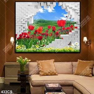 Tranh 3D hoa tulip bên nền gạch trắng chất lượng cao
