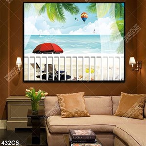 Tranh 3D trang trí phòng ngủ bãi biển bên khung cửa