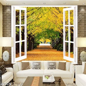 Tranh phong cảnh mùa thu và cây lá vàng bên khung cửa đẹp nhất