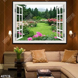 Tranh cửa sổ bên vườn hoa nở rộ file gốc