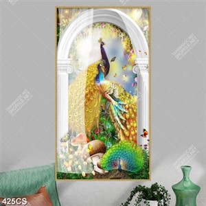 Tranh ghép chim khổng tước bên khung cửa đẹp nghệ thuật