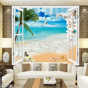 Tranh cửa sổ bên bãi cát vàng dán tường in kính