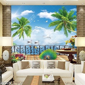 Tranh ban công hồ nước đẹp bên nền trời xanh in kính