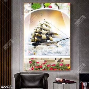 Tranh 3D ghép con thuyền vượt sóng biển bên ô cửa nhỏ