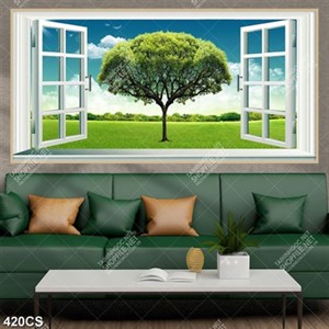 Tranh dán tường cây xanh bên khung cửa in uv