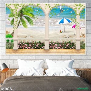 Tranh trang trí tường ban công bên cãi cát vàng in kính