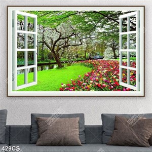 Tranh cửa sổ bên vườn hoa tulip trang trí phòng khách đẹp