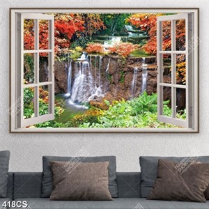 Tranh cửa sổ bên thác nước và cây lá đỏ file gốc