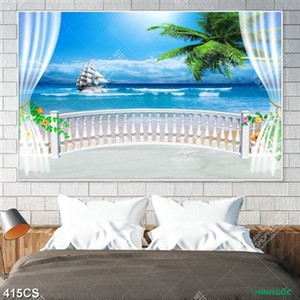 Tranh ban công bên thuyền và biển trang trí tường