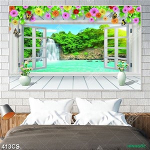 Tranh cửa sổ bên thác nước đẹp nhất in kính