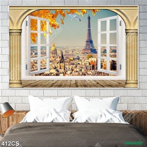 Tranh 3D cửa sổ hướng ra thành phố lớn