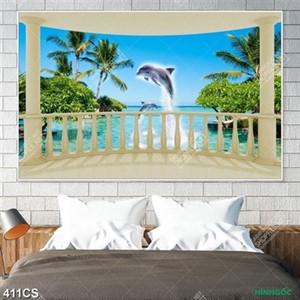 Tranh ban công bên bờ biển và những chú cá heo decor tường