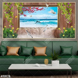 Tranh 3D cửa sổ và hoa lá bên bờ biển đẹp nhất in kính