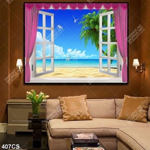 Tranh cửa sổ và màng rèm hồng bên bãi biển đẹp in kính