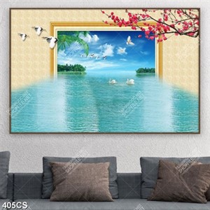 Tranh 3D khung cửa bên cành đào đỏ in uv