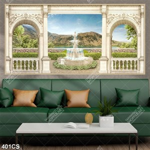 Tranh khung cửa hướng ra sông núi nghệ thuật in kính