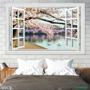 Tranh decor phòng khách cửa sổ bên hồ nước và cây hoa anh đào chất lượng cao