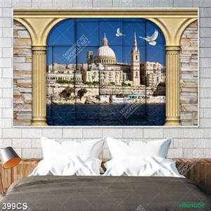 Tranh 3D cửa sổ hướng ra thành phố biển