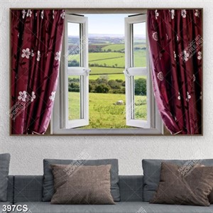Tranh cửa sổ có tấm rèm che bên thảo nguyên xanh chất lượng cao